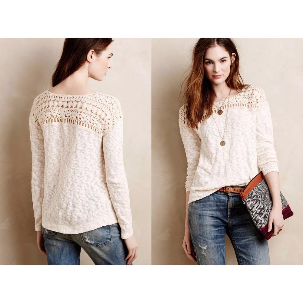 Anthropologie Sweater XL Meadow‎ Rue Handknit Kellon Crochet Pullover Cotton